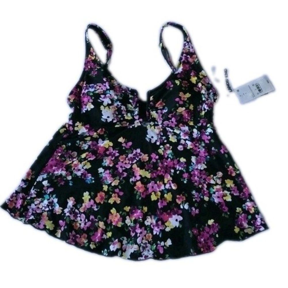 Lands End Womens Black  With Yellow Pink Blue Floral Tankini Swimsuit Size 8 384